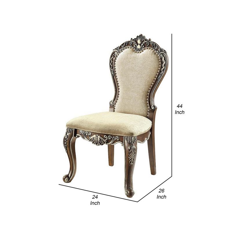 24 Inch Side Dining Chair, Set of 2, Vintage Oak Brown, Beige Chenille - Benzara