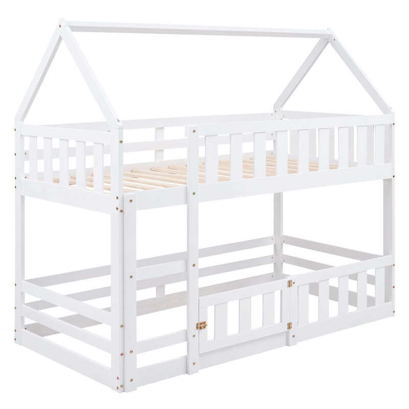 Merax House Bunk Bed with Fence and Door