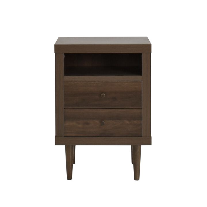 Minie Nightstand with 2 Drawers, Shelf, Rubberwood Legs, Walnut Brown - Benzara