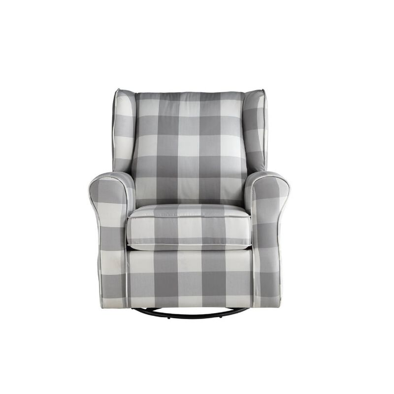 35 Inch Accent Swivel Chair, Glider, Checkered Fabric, Light Gray - Benzara