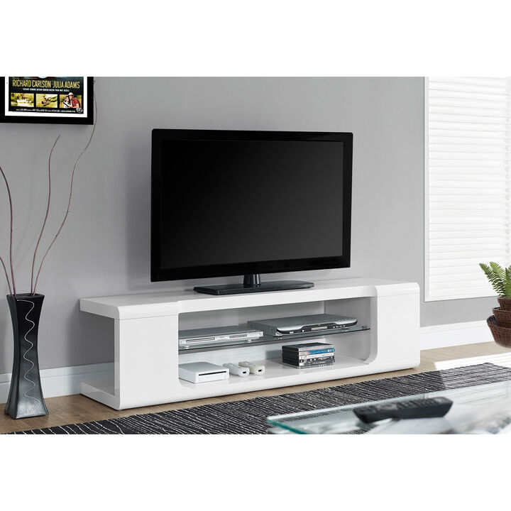 Monarch Specialties I 3535 Tv Stand, 60 Inch, Console, Media Entertainment Center, Storage Shelves, Living Room, Bedroom, Laminate, Tempered Glass, Glossy White, Clear, Contemporary, Modern