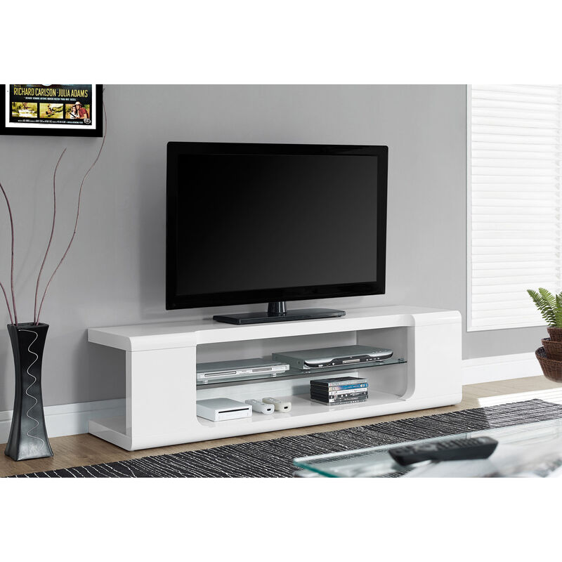 Monarch Specialties I 3535 Tv Stand, 60 Inch, Console, Media Entertainment Center, Storage Shelves, Living Room, Bedroom, Laminate, Tempered Glass, Glossy White, Clear, Contemporary, Modern