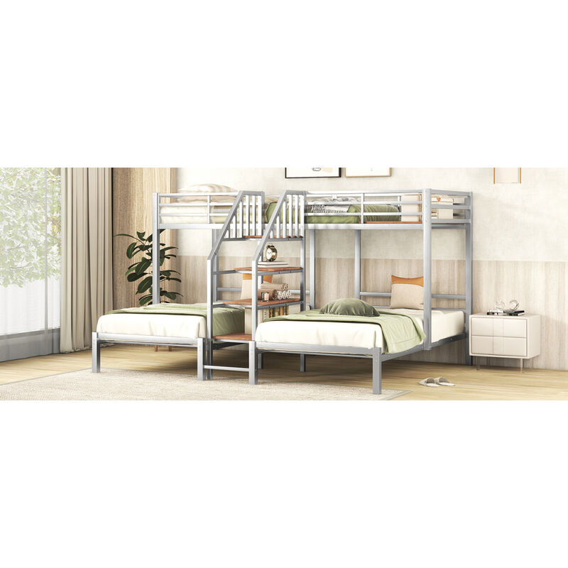 Metal Twin Over Twin & Twin Bunk Bed, Triple Bunk Bed With Storage Shelves Staircase, Silver