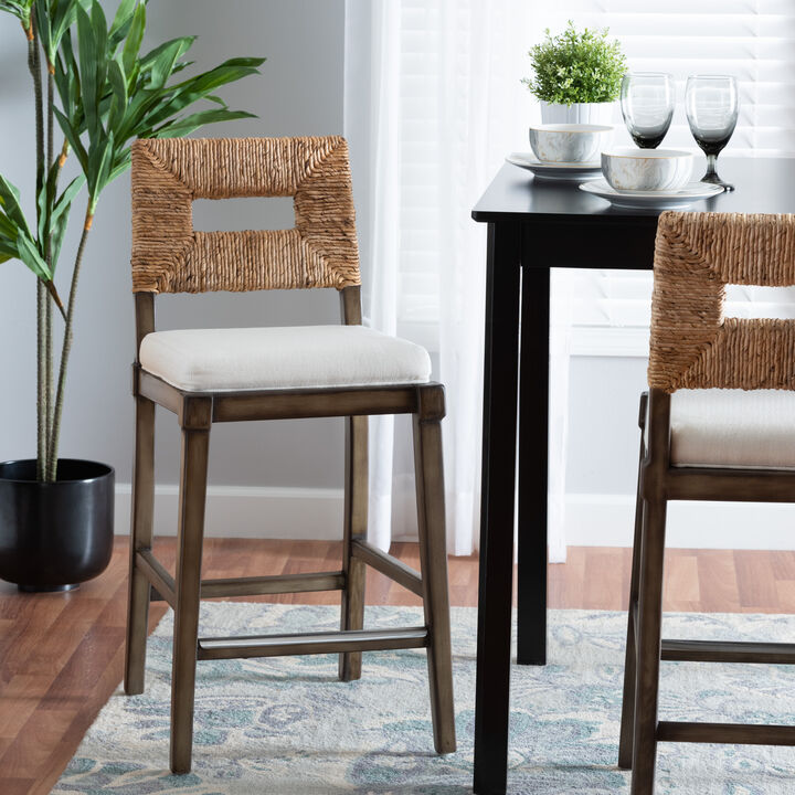Bali & Pari Porsha Modern Dark Brown Finished Mahogany Wood and Natural Counter Stool