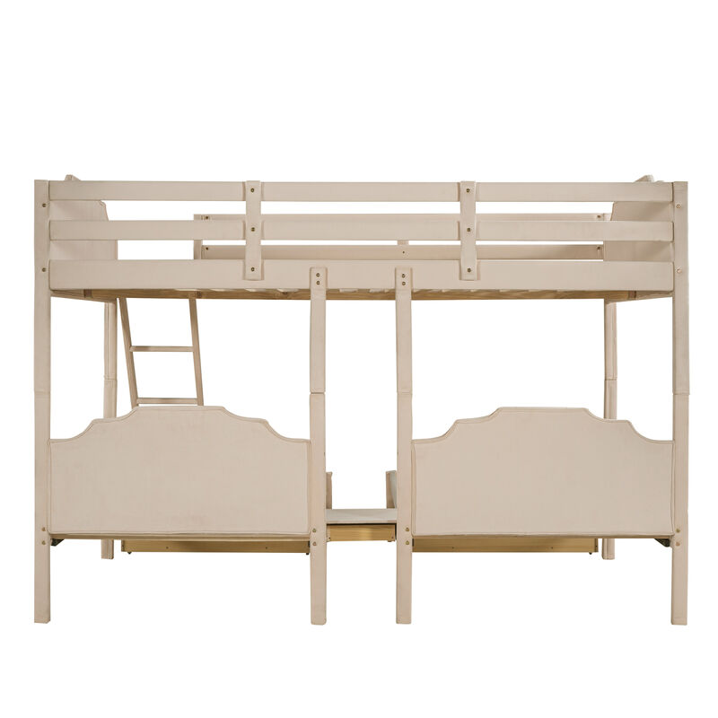 Full Over Twin & Twin Bunk Bed, Velvet Triple Bunk Bed With Drawers And Guardrails