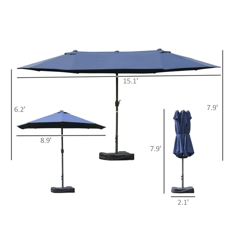 Dark Blue Sun Shield: 15' Rectangular Double-Sided Patio Umbrella