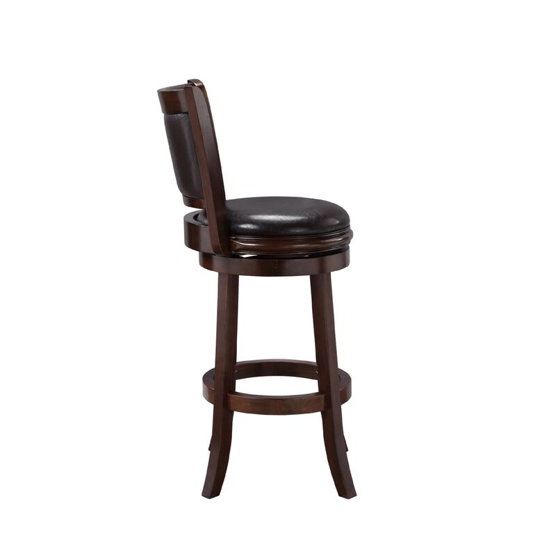 Pal 29 Inch Swivel Bar Stool, Solid Wood, Rich Faux Leather, Espresso Brown - Benzara