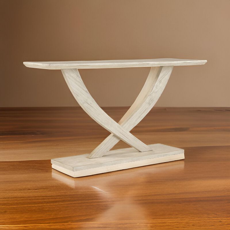 Rase 57 Inch Console Table, Cross Leg Design, Pedestal Base, Whitewash Wood - Benzara