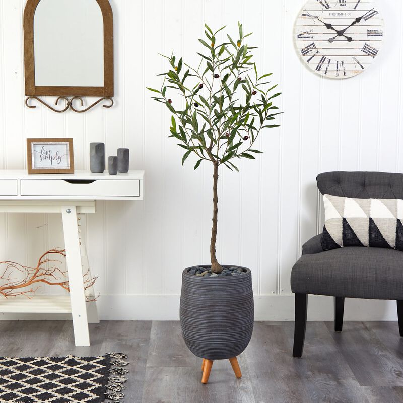 Hivvago 4.5 Feet Olive Artificial Tree in Gray Planter with Stand