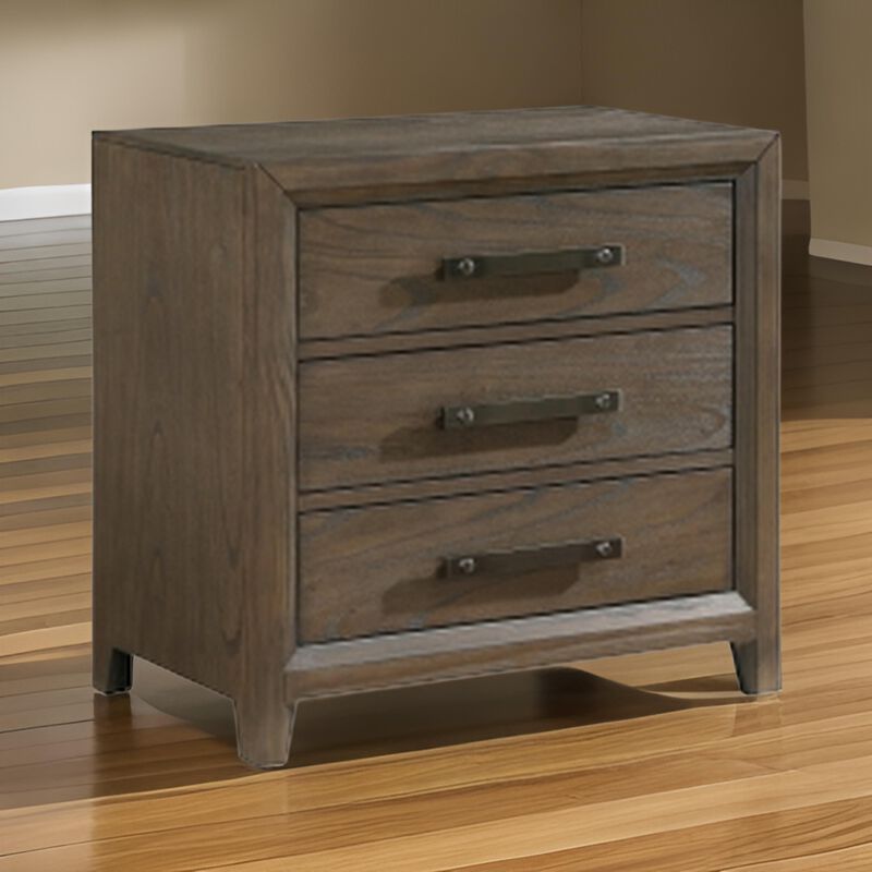 Wyn 27 Inch Nightstand, 3 Drawers, Nickel Handles, Brushed Walnut Brown - Benzara