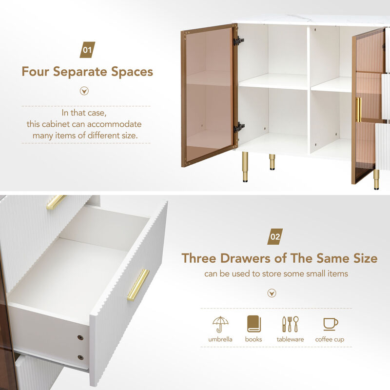 Modern Sideboard MDF Buffet Cabinet Marble Sticker Table Top And Amber- Tempered Glass