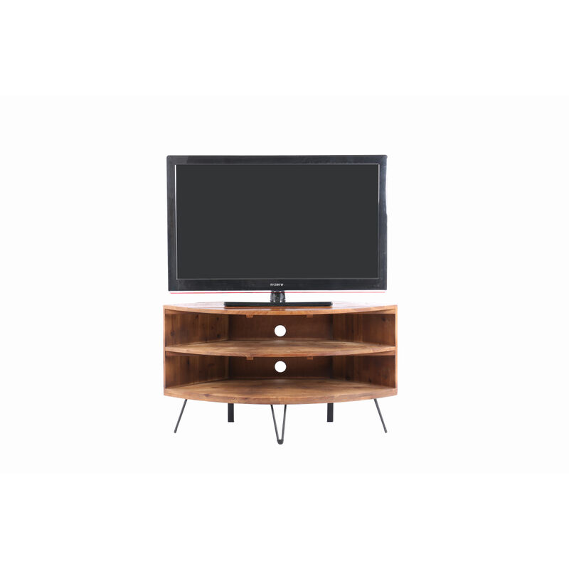Fan Shaped Reclaimed Wood Corner Media Table For Living Room Wise Use Your Space