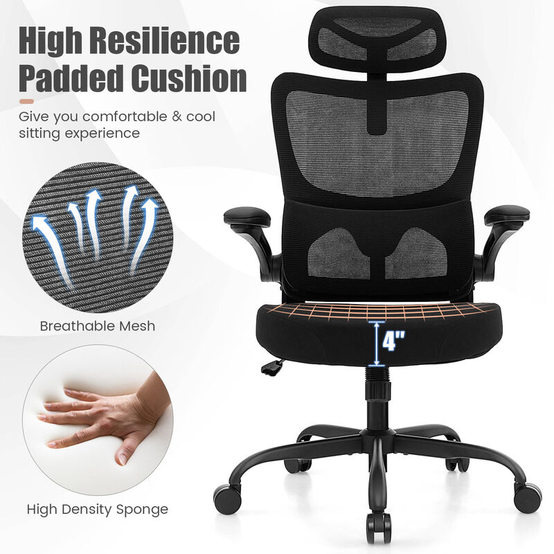 Mesh Office Chair with Adaptive Lumbar Support  Flip-up Armrests  Reclining Backrest-Black