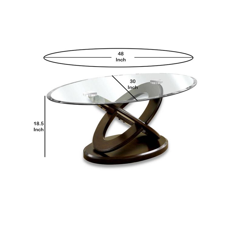 Oval Glass Top Coffee Table with Cross Oval Base, Brown and Clear-Benzara