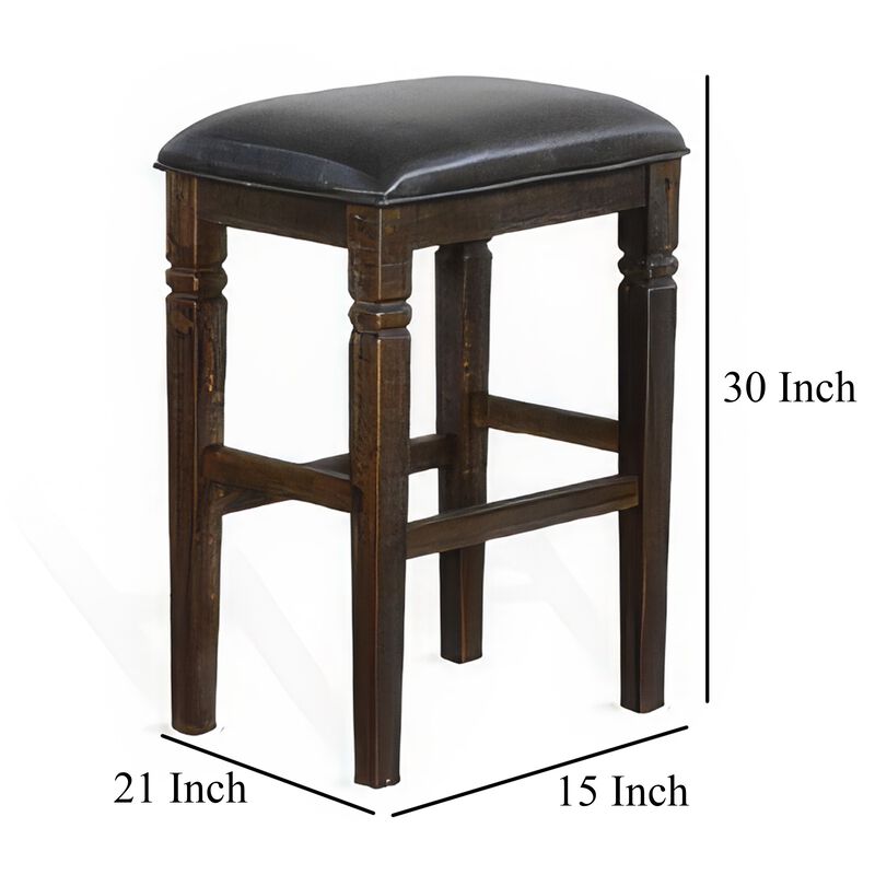 Flint Barstool, Backless, Plush Black Vinyl Seat, Dark Brown Mahogany - Benzara