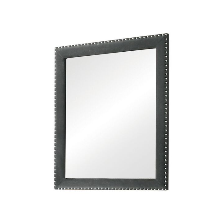 Cale 40 Inch Modern Portrait Mirror, Velvet Upholstery, Nailhead Trim, Gray-Benzara