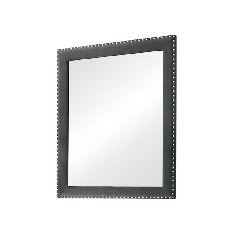 Cale 40 Inch Modern Portrait Mirror, Velvet Upholstery, Nailhead Trim, Gray-Benzara