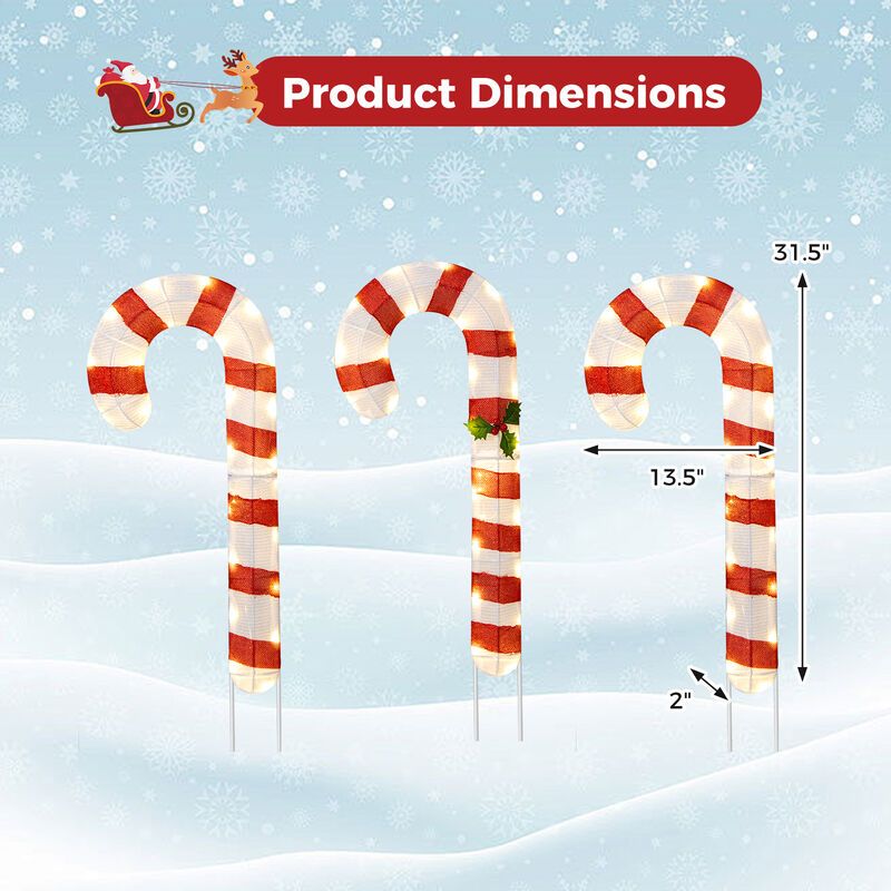 Set of 3 Pre-Lit Candy Canes with 75 LED Lights & Ground Stakes