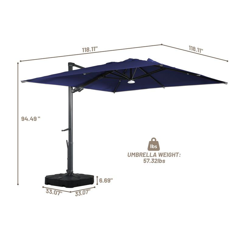 10 ft 360° Rotation Square Cantilever Patio Umbrella with BaseandBT in Navy Blue