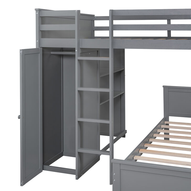 Merax Loft Bed with Storage Shelves and Wardrobe