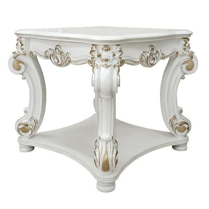 Jess 30 Inch Side End Table, Classic Scrolled Legs, 1 Shelf, Brushed Gold  - Benzara
