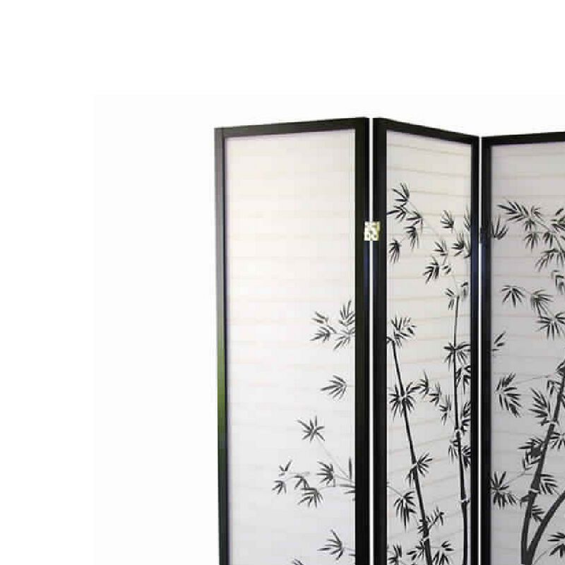 Wood and Paper 4 Panel Room Divider with Bamboo Print, White and Black-Benzara