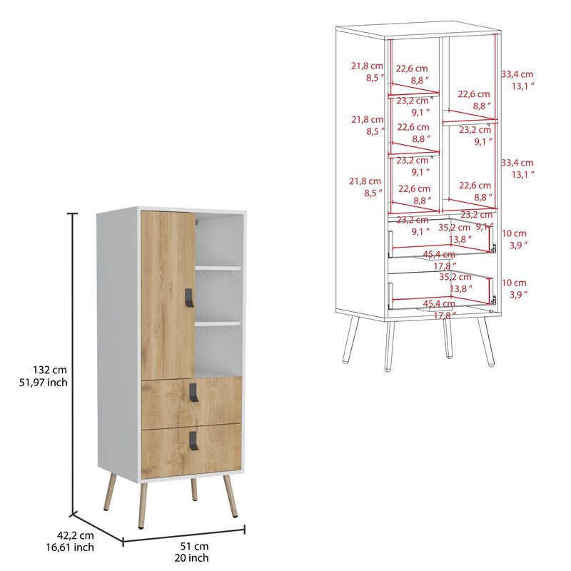 Huna Tall Dresser, Unit with Door, 2 Drawers, and Open Shelves-White / Macadamia