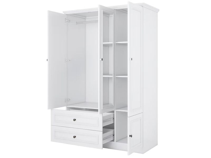 Armoire Wardrobe Closet Wooden with 3 Doors, Hanging Rods, 2 Drawers, Storage Cabinet and Mirror Large Capacity Large Wardrobe Closet for Bedroom, White