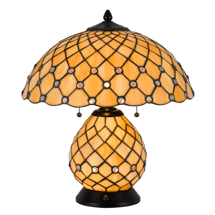 18 Inch Table Lamp, Pedestal, Tiffany Style Stained Glass, LED, Black Metal - Benzara