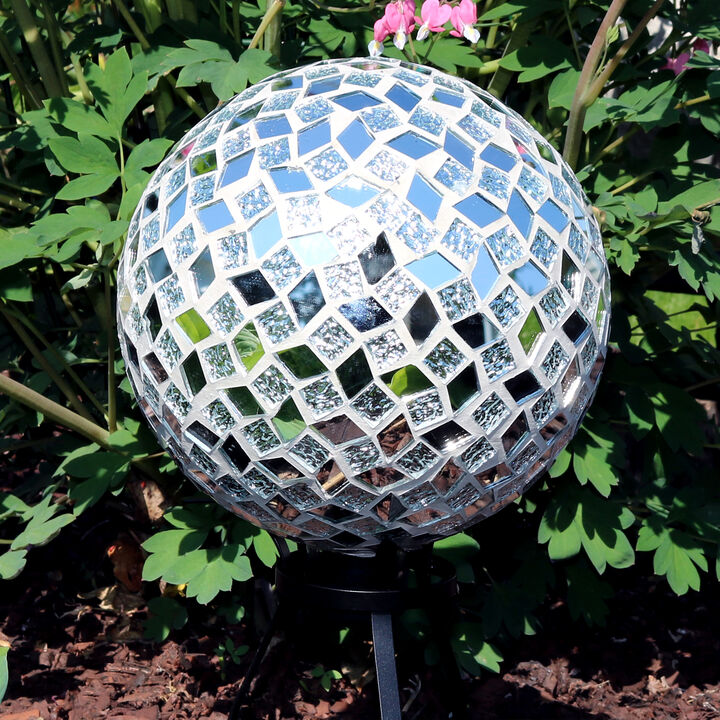 Sunnydaze Mirrored Diamond Mosaic Gazing Globe - 10 in - Gray