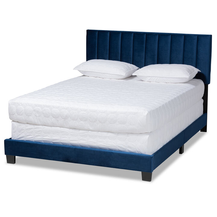 Baxton Studio Clare Velvet Upholstered Queen Size Panel Bed with Channel Tufted Headboard