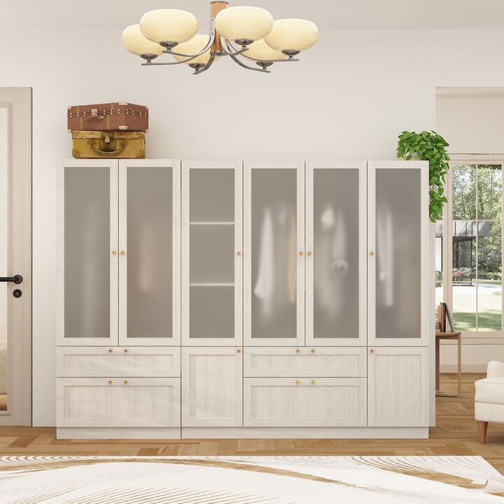 FUFU&GAGA Modern White Wardrobe with Frosted Glass Doors, Gold Accents, 4 Drawers, and Hanging Rail – Customizable L-Shape/U-Shape Closet System, (94.5" L x 19.9" W x 70.9" H),White