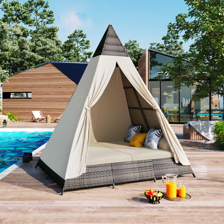 Whisen Outdoor Sunbed With Colorful Pillows, Tent Shape Wicker Patio Daybed With Cushions