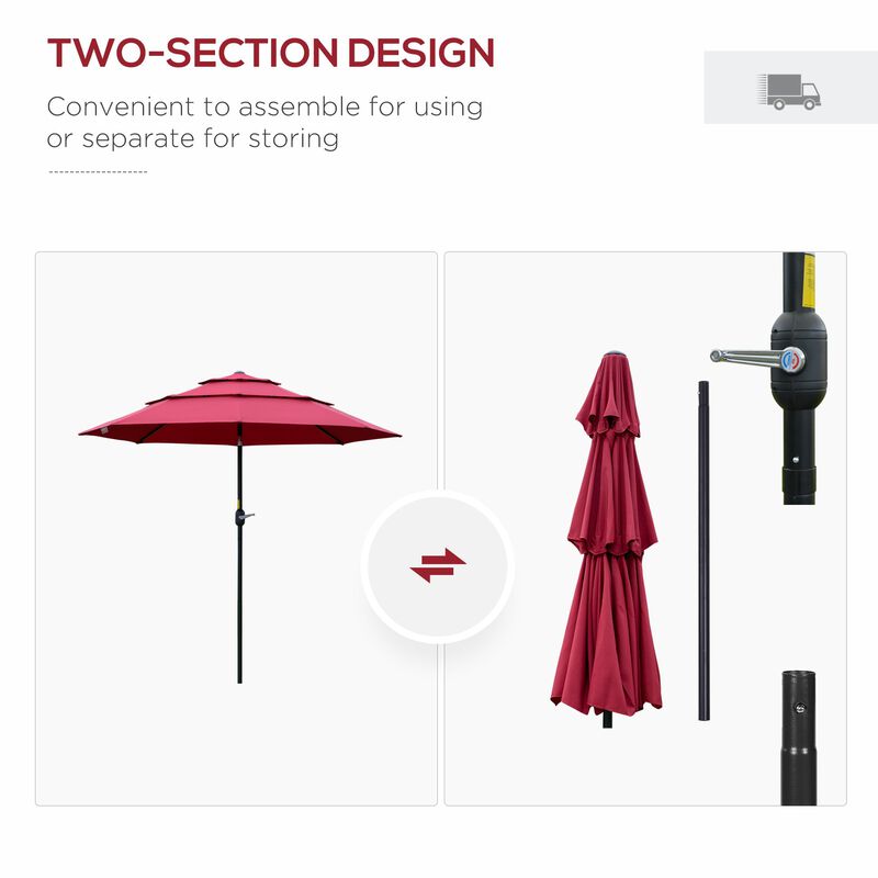 Wine Red Sun Shield: 9' 3-Tier Patio Umbrella with Crank Tilt