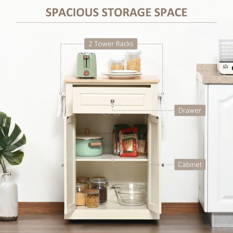 Cream Kitchen Helper: Portable Island Cart with Drawer and Shelf