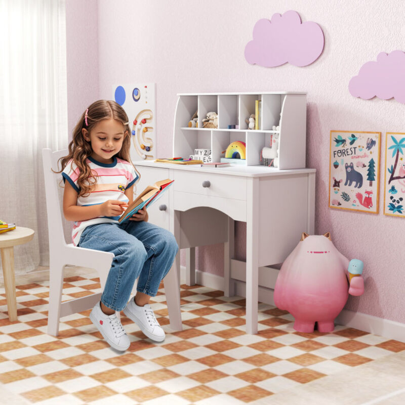 Kids Study Desk and Chair Set with Hutch and Storage Cabinet