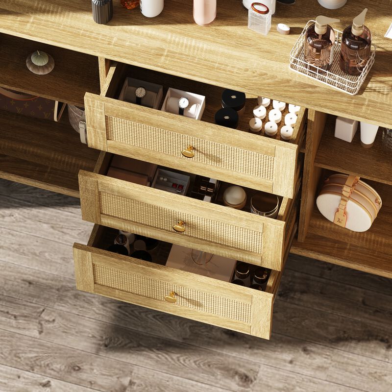 FUFU&GAGA Modern Rattan Dresser with Gold Handles & Legs, 3 Drawers & 2 Cabinets, Natural Wood Finish (55.1" W x 13.8" D x 32.1" H),White