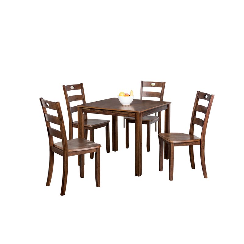Lasie 5 Piece Counter Height Table Set, 4 Chairs, Slatted, Brown Solid Wood