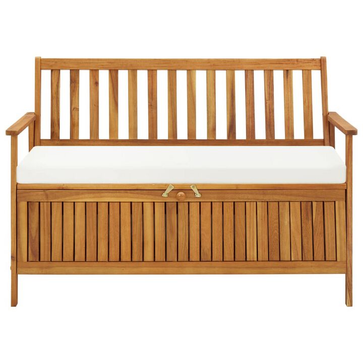 Reja Outdoor Storage Bench, 47 Inch Brown Solid Acacia Wood, White - Benzara