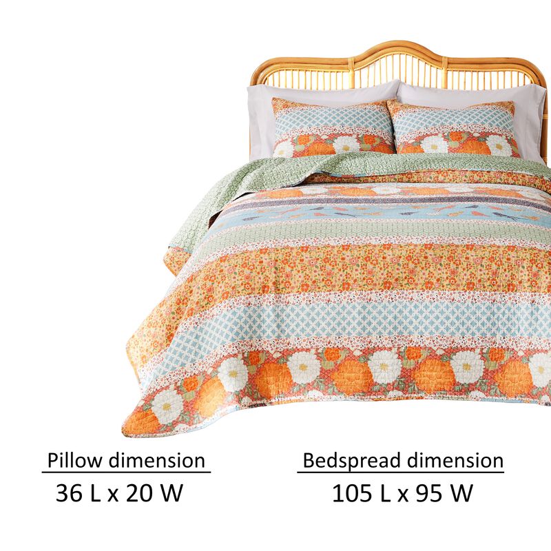 Nite 3pc King Quilt Set, Calico Floral Songbird Pattern, Cotton Microfiber