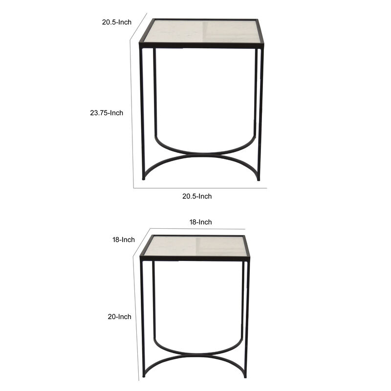 24 Inch Plant Stands Set of 2, White Marble Top, Minimalist Black Frame - Benzara