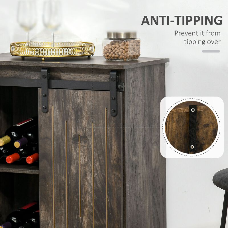 Gray Serving Bar: Industrial Buffet with Sliding Door & Wine Storage