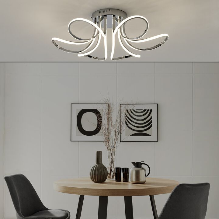 6 Petal Flower Dimmable Integrated LED Chrome Flush Chandelier