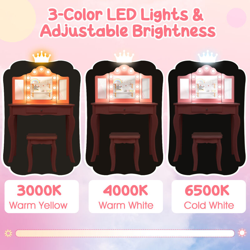 Kid Vanity Table Stool Set with Tri-Folding Mirror and 3-Color LED Lights
