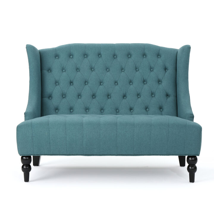Lanny Loveseat Settee, Wingback Bench 50 Inch Wood, Tufted Teal Velvet - Benzara