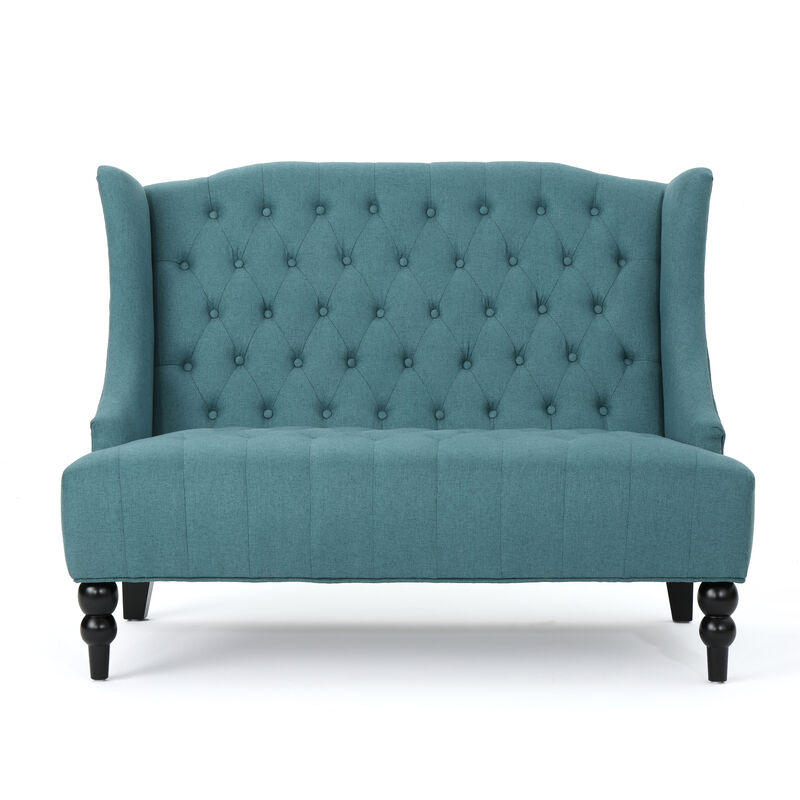 Lanny Loveseat Settee, Wingback Bench 50 Inch Wood, Tufted Teal Velvet - Benzara