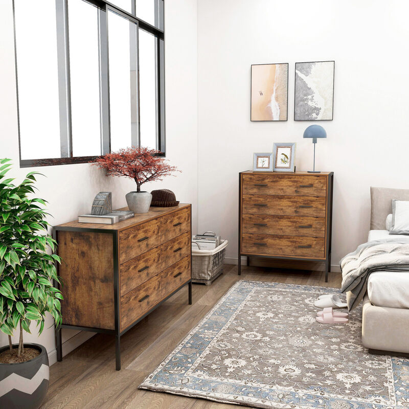Rustic Brown 6 Drawer Double Dresser with Steel Frame