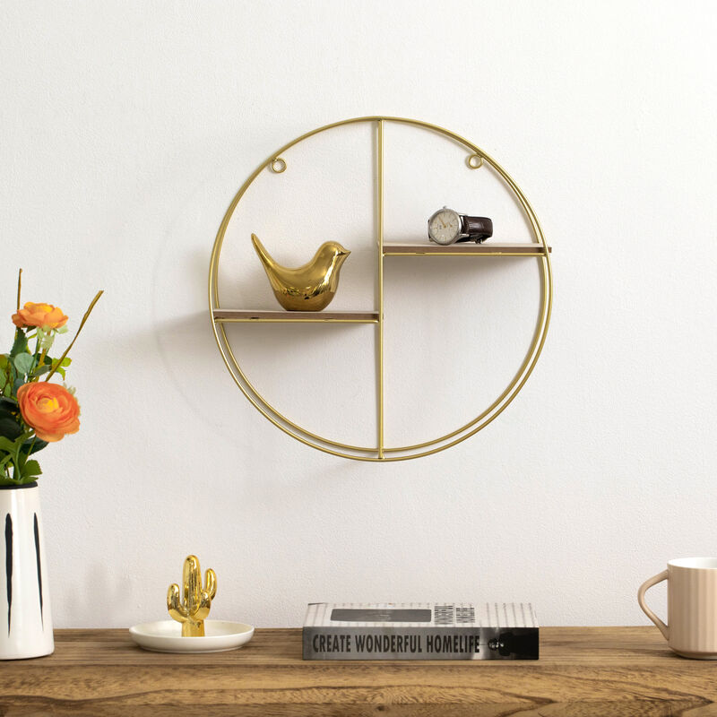 Vintiquewise Elegant 2-Tier Decorative Floating Circular Silhouette Wall Shelf - Circular Metal and Wood Wall-Mounted Shelf for Entryway, Bathroom, Bedroom, and Living Room Decor, Gold Finish