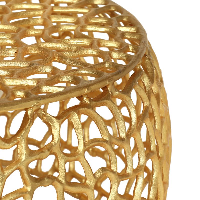 Coffee Table, 28 Inch Round Plinth Mesh Design, Open Gold Metal Frame - Benzara
