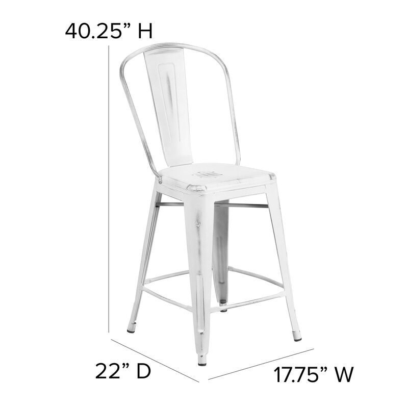 Flash Furniture Carly Commercial Grade 24" High Distressed White Metal Indoor-Outdoor Counter Height Stool with Back